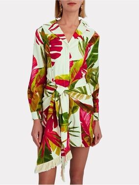 Farm Rio Spring Forest Floral Tie Waist Long Sleeve Shirt Mini Dress xs